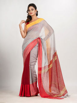 Angoshobha - Grey and Red Cotton Blend Handloom Saree with Unstitched Blouse