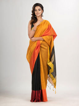 Angoshobha - Yellow and Black Cotton Blend Handloom Saree with Unstitched Blouse