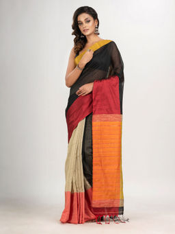 Angoshobha - Black and Muga Cotton Blend Handloom Saree with Unstitched Blouse