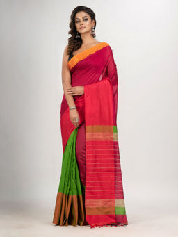 Angoshobha - Pink and Green Cotton Blend Handloom Saree with Unstitched Blouse
