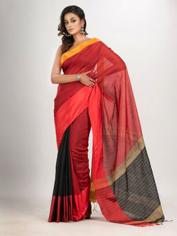 Angoshobha - Red and Black Cotton Blend Handloom Saree with Unstitched Blouse