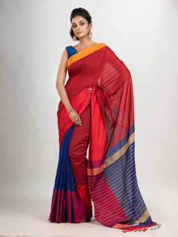 Angoshobha - Red and Blue Cotton Blend Handloom Saree with Unstitched Blouse