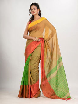 Angoshobha - Muga and Light Green Cotton Blend Handloom Saree with Unstitched Blouse