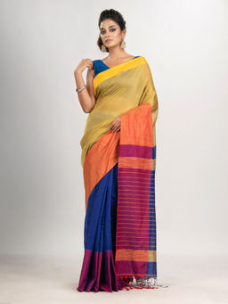 Angoshobha - Muga and Blue Cotton Blend Handloom Saree with Unstitched Blouse
