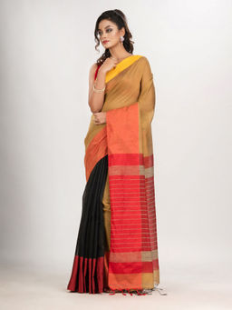 Angoshobha - Muga and Black Cotton Blend Handloom Saree with Unstitched Blouse