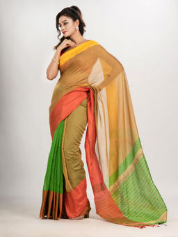 Angoshobha - Muga and Light Green Cotton Blend Handloom Saree with Unstitched Blouse