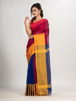 Angoshobha - Rani and Blue Cotton Blend Handloom Saree with Unstitched Blouse