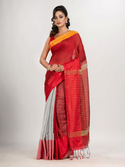 Angoshobha - Red and Grey Cotton Blend Handloom Saree with Unstitched Blouse