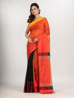 Angoshobha - Orange and Black Cotton Blend Handloom Saree with Unstitched Blouse