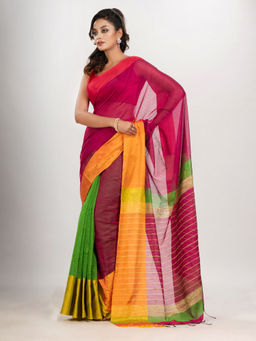 Angoshobha - Cerise Pink and Green Cotton Blend Handloom Saree with Unstitched Blouse