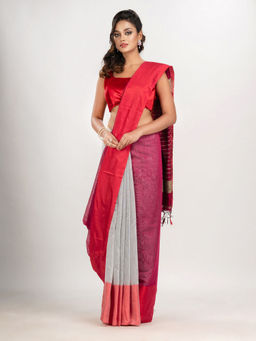 Angoshobha - Cerise Pink and White Cotton Blend Handloom Saree with Unstitched Blouse