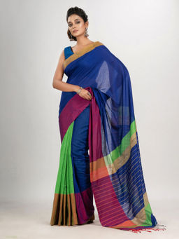 Angoshobha - Blue and Green Cotton Blend Handloom Saree with Unstitched Blouse
