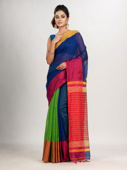 Angoshobha - Blue and Green Cotton Blend Handloom Saree with Unstitched Blouse