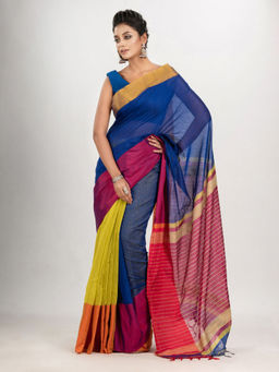 Angoshobha - Blue and Yellow Cotton Blend Handloom Saree with Unstitched Blouse