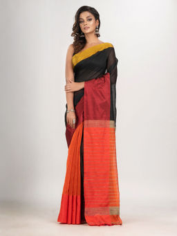 Angoshobha - Black and Orange Cotton Blend Handloom Saree with Unstitched Blouse