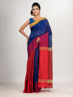 Angoshobha - Blue and Red Cotton Blend Handloom Saree with Unstitched Blouse