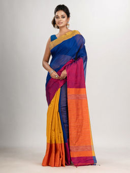 Angoshobha - Blue and Yellow Cotton Blend Handloom Saree with Unstitched Blouse