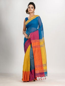 Angoshobha - True Blue and Yellow Cotton Blend Handloom Saree with Unstitched Blouse