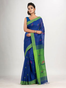 Angoshobha - Royal Blue Boat Motive with Pallu Green Jamdani Saree with Unstitched Blouse