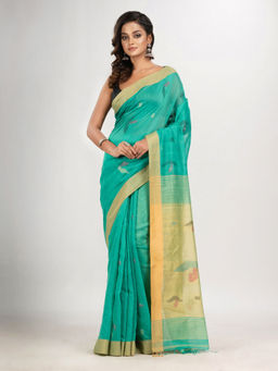 Angoshobha - Mint Green Cotton Blend Boat Motive with Pallu Muga Jamdani Saree with Unstitched Blouse