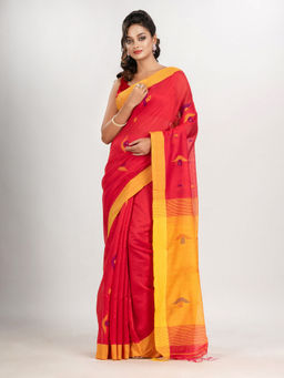 Angoshobha - Red Cotton Blend Boat Motive with Pallu Yellow Jamdani Saree with Unstitched Blouse