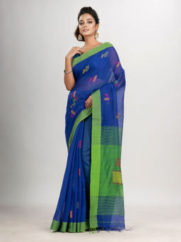 Angoshobha - Royal Blue Cotton Blend with Pallu Green Jamdani Saree with Unstitched Blouse
