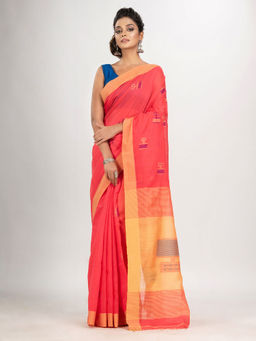 Angoshobha - Pastel Red Cotton Blend with Pallu Light Yellow Jamdani Saree with Unstitched Blouse