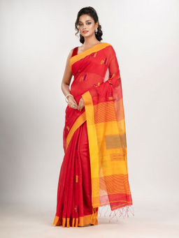 Angoshobha - Red Cotton Blend with Pallu Yellow Jamdani Saree with Unstitched Blouse