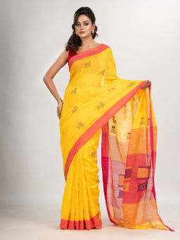 Angoshobha - Yellow Cotton Blend with Pallu Red Jamdani Saree with Unstitched Blouse
