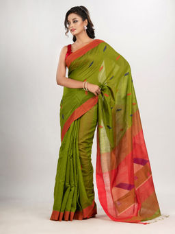 Angoshobha - Venom Green Motive with Red Pallu Hut Motive Jamdani Saree with Unstitched Blouse
