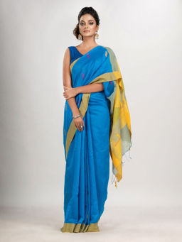 Angoshobha - Sky Blue Motive with Yellow Pallu Hut Motive Jamdani Saree with Unstitched Blouse