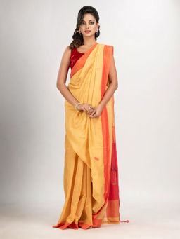 Angoshobha - Light Yellow Motive with Red Pallu Hut Motive Jamdani Saree with Unstitched Blouse