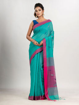 Angoshobha - Turquoise Cotton Blend Motive with Pink Pallu Jamdani Saree with Unstitched Blouse