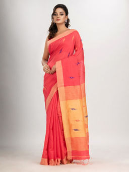 Angoshobha - Pastel Red Motive with Light Yellow Pallu Jamdani Saree with Unstitched Blouse