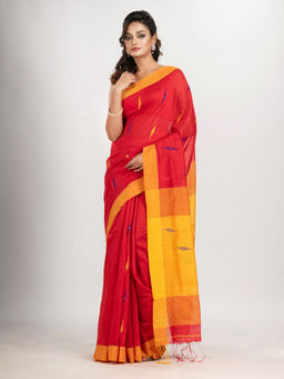 Angoshobha - Red Cotton Blend Motive with Yellow Pallu Jamdani Saree with Unstitched Blouse