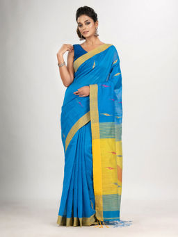 Angoshobha - Aqua Blue Cotton Blend Motive with Yellow Pallu Jamdani Saree with Unstitched Blouse