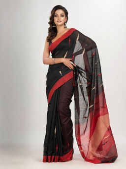 Angoshobha - Black Cotton Blend Motive with Red Pallu Jamdani Saree with Unstitched Blouse