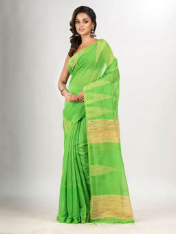 Angoshobha - Lime Green Cotton Blend Handloom Saree with Unstitched Blouse