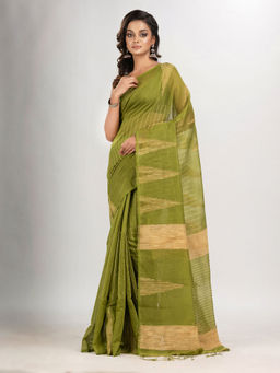 Angoshobha - Pista Green Cotton Blend Handloom Saree with Unstitched Blouse