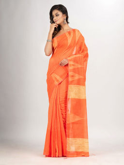 Angoshobha - Orange Cotton Blend Handloom Saree with Unstitched Blouse
