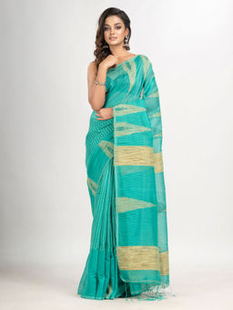 Angoshobha - Aquamarine Green Cotton Blend Handloom Saree with Unstitched Blouse
