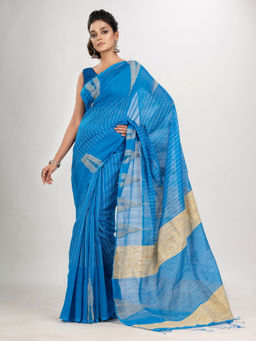 Angoshobha - Deep Aqua Blue Cotton Blend Handloom Saree with Unstitched Blouse
