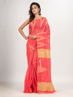 Angoshobha - Pastel Red Cotton Blend Handloom Saree with Unstitched Blouse