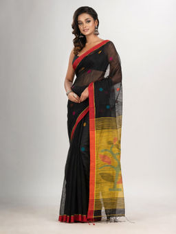 Angoshobha - Black Buti with Yellow Pallu Flower Tree Motive Jamdani Saree with Unstitched Blouse