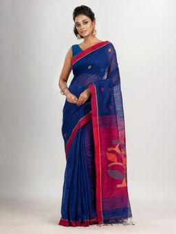 Angoshobha - Royal Blue Buti with Rani Pallu Flower Tree Motive Jamdani Saree with Unstitched Blouse