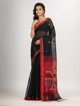 Angoshobha - Black Buti with Red Pallu Flower Tree Motive Jamdani Saree with Unstitched Blouse