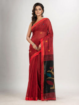 Angoshobha - Red Buti with Black Pallu Flower Tree Motive Jamdani Saree with Unstitched Blouse