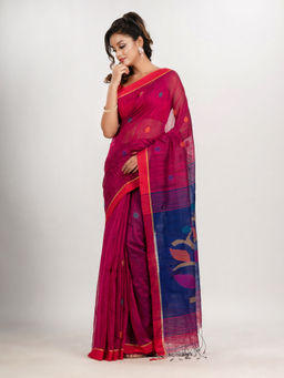 Angoshobha - Rani Buti with Blue Pallu Flower Tree Motive Jamdani Saree with Unstitched Blouse