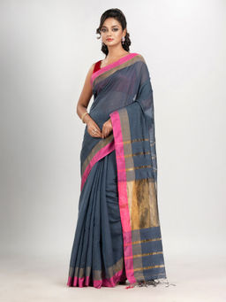 Angoshobha - Steel Grey Cotton Blend Handloom Saree with Unstitched Blouse
