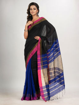 Angoshobha - Black and Blue Cotton Blend Handloom Saree with Unstitched Blouse